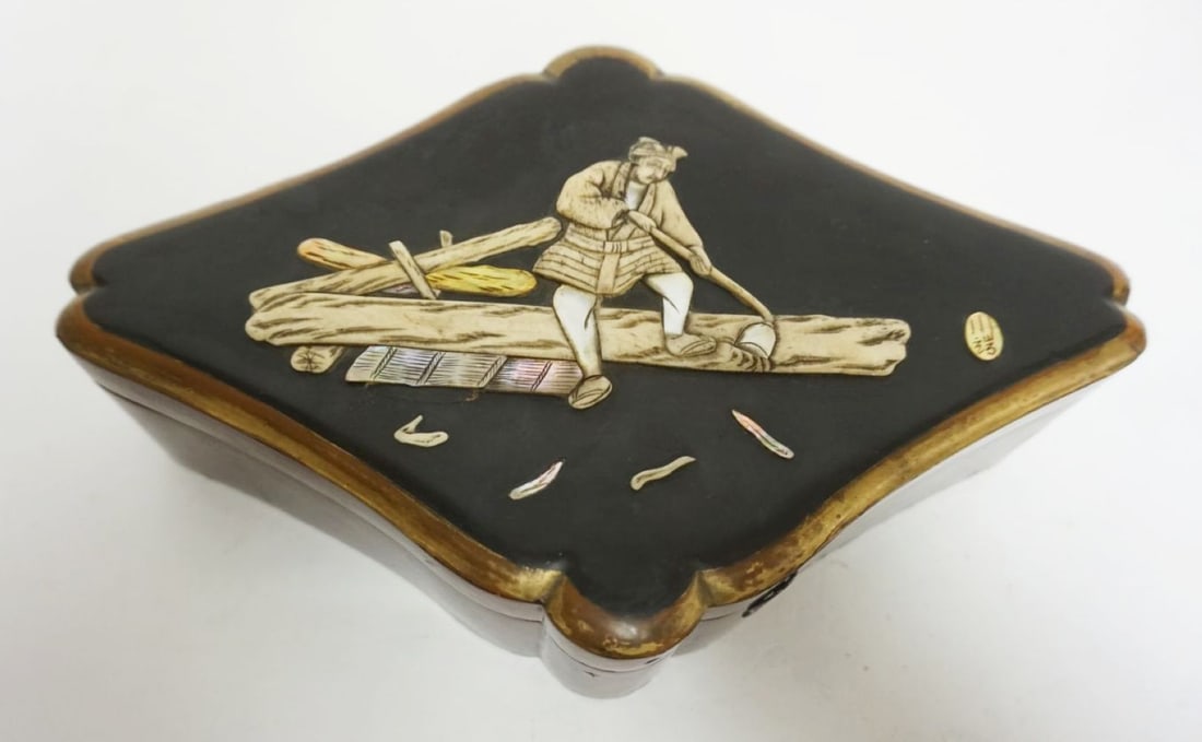 ASIAN LACQUERED DIAMOND SHAPED BOX: ASIAN LACQUERED DIAMOND SHAPED BOX W/APPLIED IMAGE OF MAN HOEING, APPROXIMATELY 11 IN X 7 IN X 3 IN HIGH