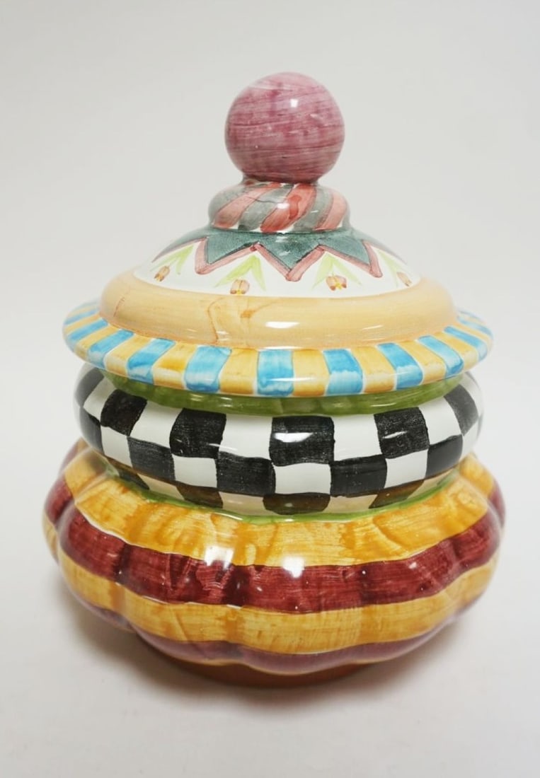 MACKENZIE CHILDS *ODD FELLOWS* COVERED JAR: MACKENZIE CHILDS *ODD FELLOWS* COVERED JAR, APPROXIMATELY 7 IN X 10 IN HIGH