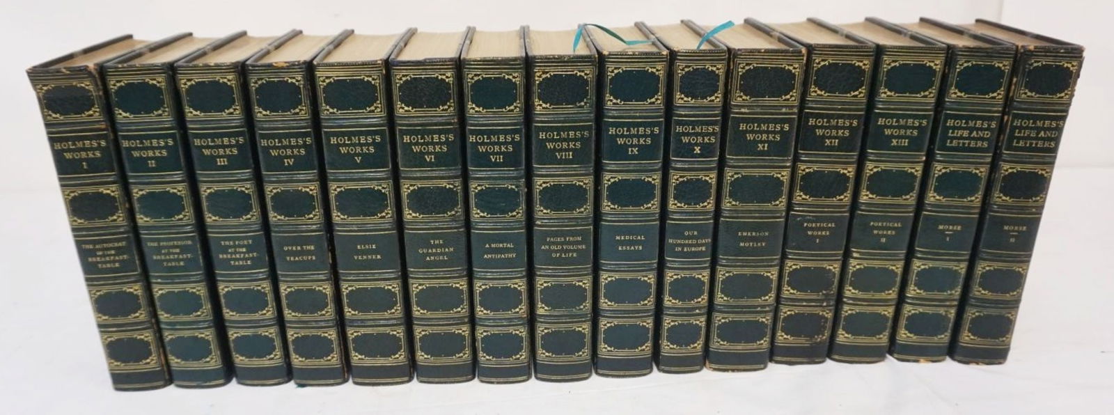 15 LEATHER BOUND & GILT EDGE *HOLMES'S WORKS*: 15 LEATHER BOUND & GILT EDGE *HOLMES'S WORKS* OLIVER WENDELL HOLMES W/ATTACHED LETTER DATED 1856 & SIGNED, LTD TO 750 COPIES, #365