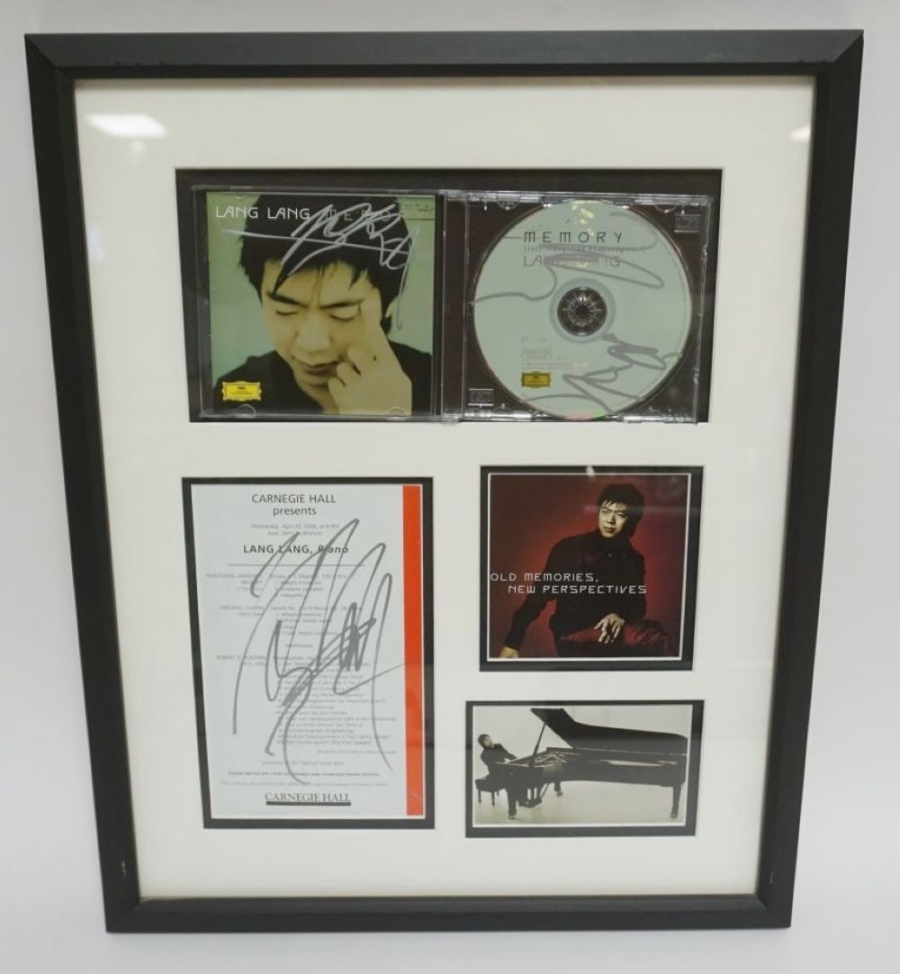 LANG LANG FRAMED COLLAGE: LANG LANG FRAMED COLLAGE INCLUDING CD W/SIGNED SIGNATURE ATTRIBUTED TO LANG LANG, APPROXIMATELY 17 IN X 21 IN OVERALL