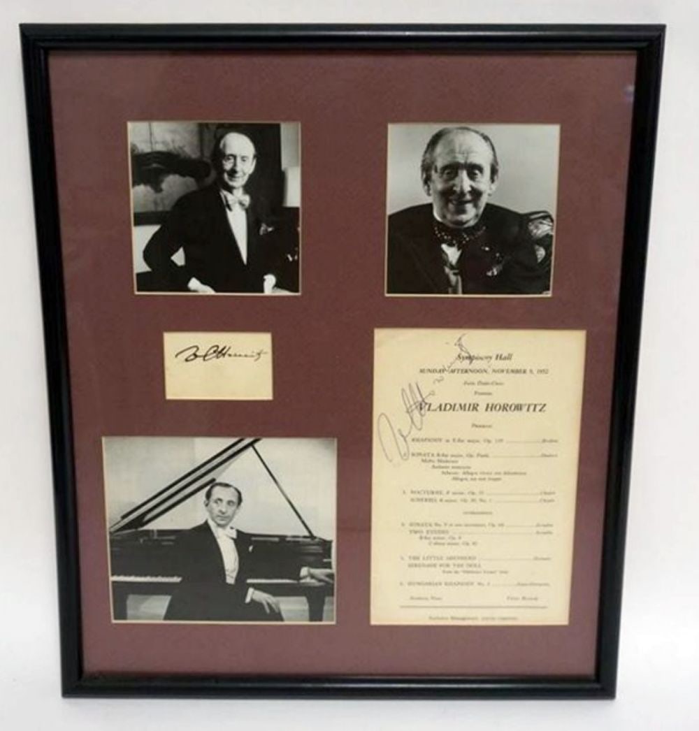 VLADIMIR HOROWITZ COLLAGE: VLADIMIR HOROWITZ COLLAGE W/IMAGES & 1952 PROGRAM, 2 ATTRIBUTED SIGNATURES, APPROXIMATELY 16 IN X 19 IN OVERALL