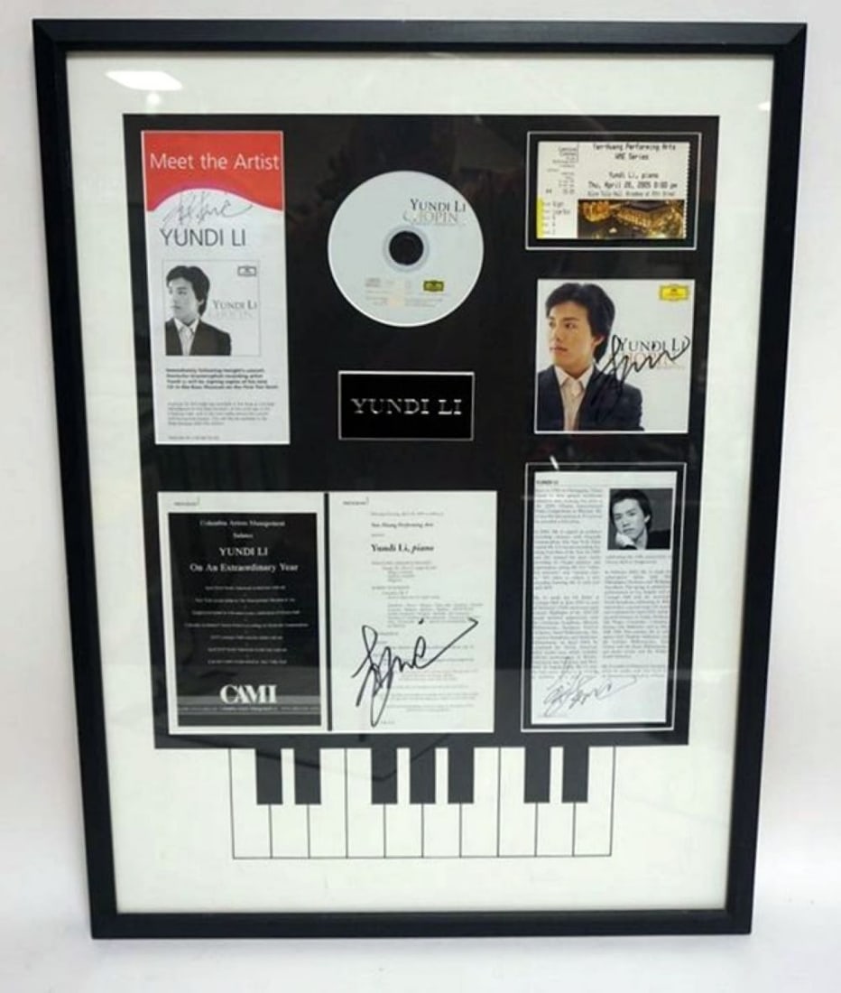 YUNDI LI FRAMED & MATTED PROGAMS, CD & TICKET: YUNDI LI FRAMED & MATTED PROGAMS, CD & TICKET W/ATTRIBUTED SIGNATURE, APPROXIMATELY 23 IN X 30 N OVERALL