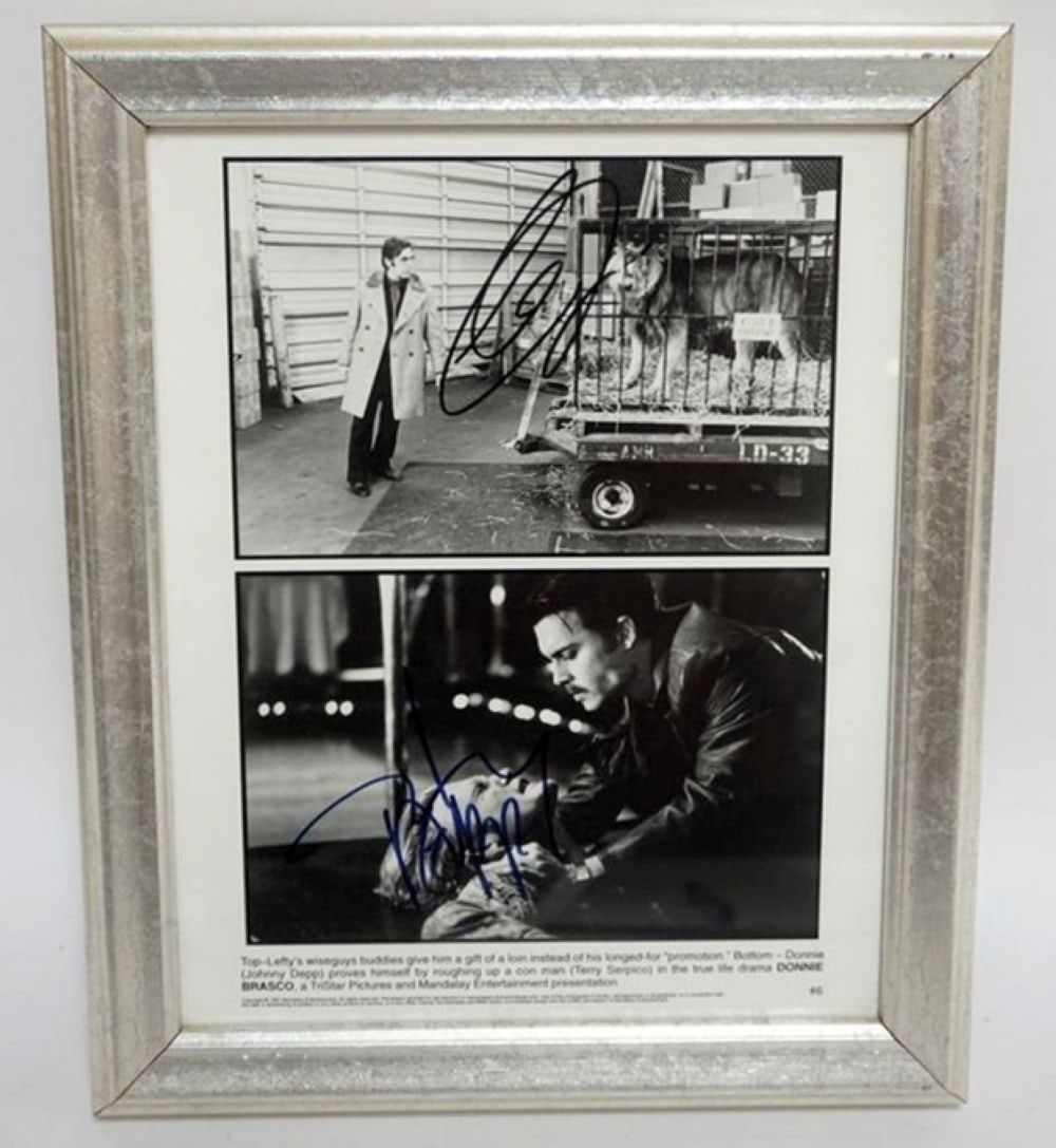 DONNIE BRASCO FRAMED MOVIE STILL W/SIGNATURE: DONNIE BRASCO FRAMED MOVIE STILL W/ATTRIBUTED SIGNATURES, APPROXIMATELY 10 IN X 12 IN OVERALL