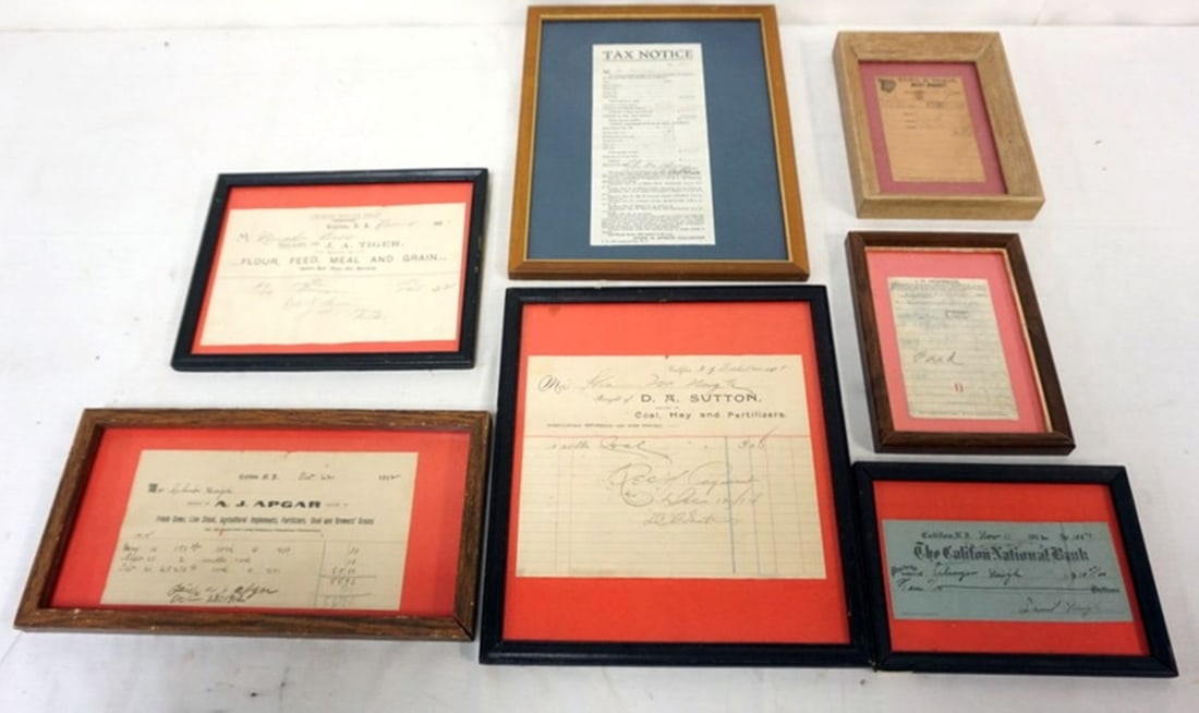 EARLY 20TH CENTURY FRAMED RECEIPTS: GROUP OF FRAMED RECEIPTS FROM THE EARLY 20TH CENTURY, CALIFON, NEW JERSEY. LARGEST APPROXIMATELY 12 IN X 11 IN OVERALL