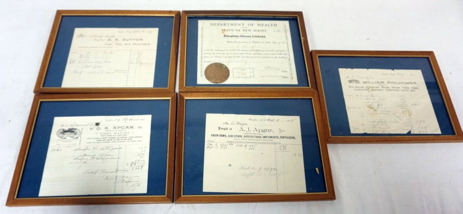 EARLY 20TH CENTURY FRAMED RECEIPTS: GROUP OF FRAMED RECEIPTS FROM THE EARLY 20TH CENTURY, CALIFON, NEW JERSEY. LARGEST APPROXIMATELY 12 IN X 11 IN OVERALL