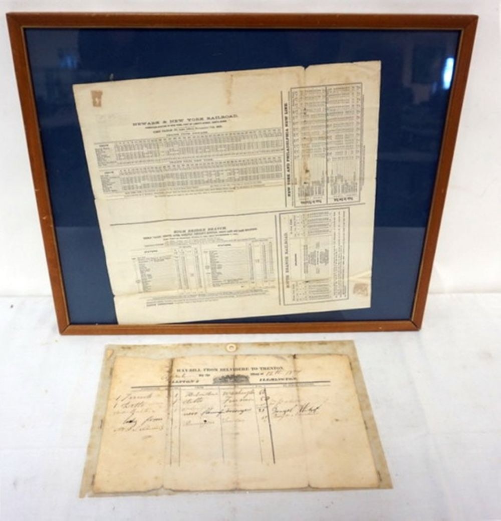 1800'S RAILROAD WAY BILL AND TIME TABLE: EARLY RAIL ROAD 1834 BLEVIDERE NEW JERSEY TO TRENTON NEW JERSEY WAY BILL AND 1881 RAILROAD TIME TABLE