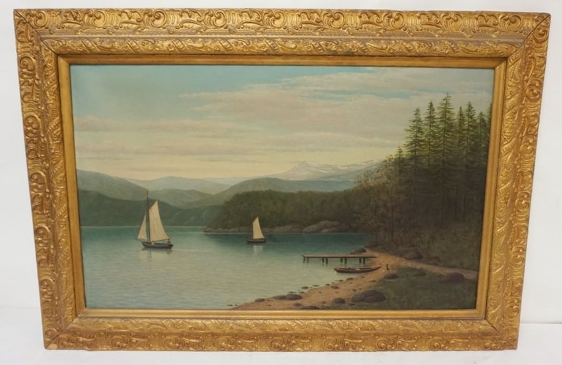 OIL PAINTING ON CANVAS: OIL PAINTING ON CANVAS, SAIL BOATS ON LAKE, APPROXIMATELY 45 IN X 31 IN OVERALL
