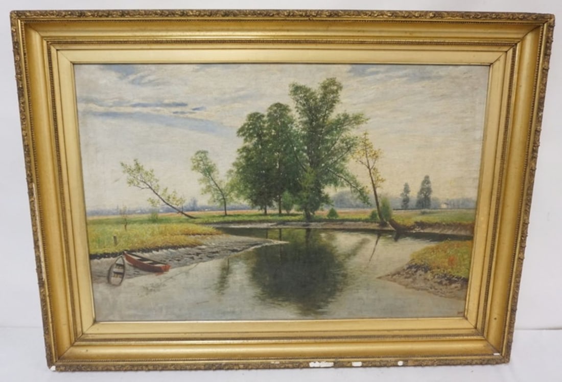 ANTIQUE OIL PAINTING ON CANVAS: ANTIQUE OIL PAINTING ON CANVAS, STREAM THROUGH A MEADOW, APPROXIMATELY 44 IN X 32 IN OVERALL