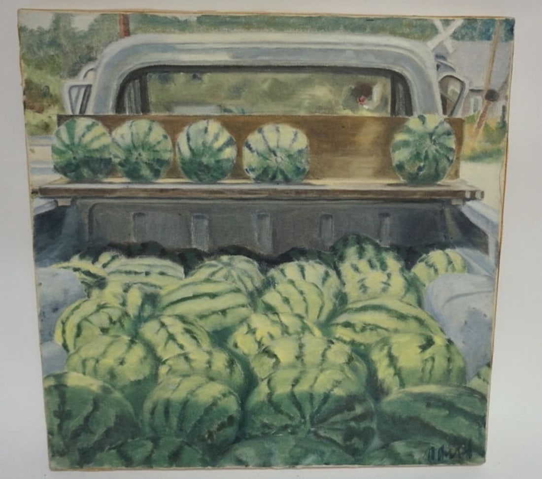 MAUREEN CHATFIELD PAINTING: MAUREEN CHATFIELD OIL PAINTING ON CANVAS, WATERMELLONS IN TRUCK, APPROXIMATELY 16 IN X 16 IN
