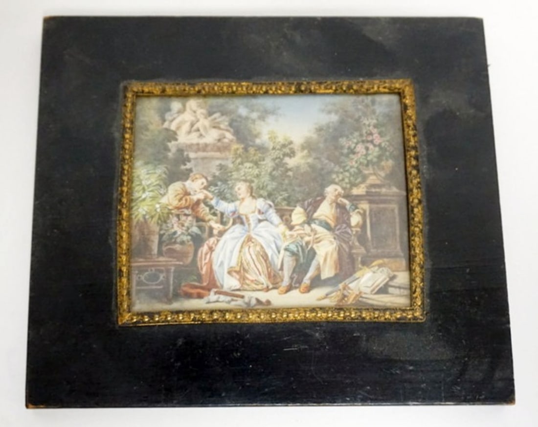 MINIATURE IMAGE OF COURTING SCENE: MINIATURE HAND PAINTED IMAGE OF COURTING SCENE, APPROXIMATELY 5 1/2 IN X 6 1/2 IN OVERALL