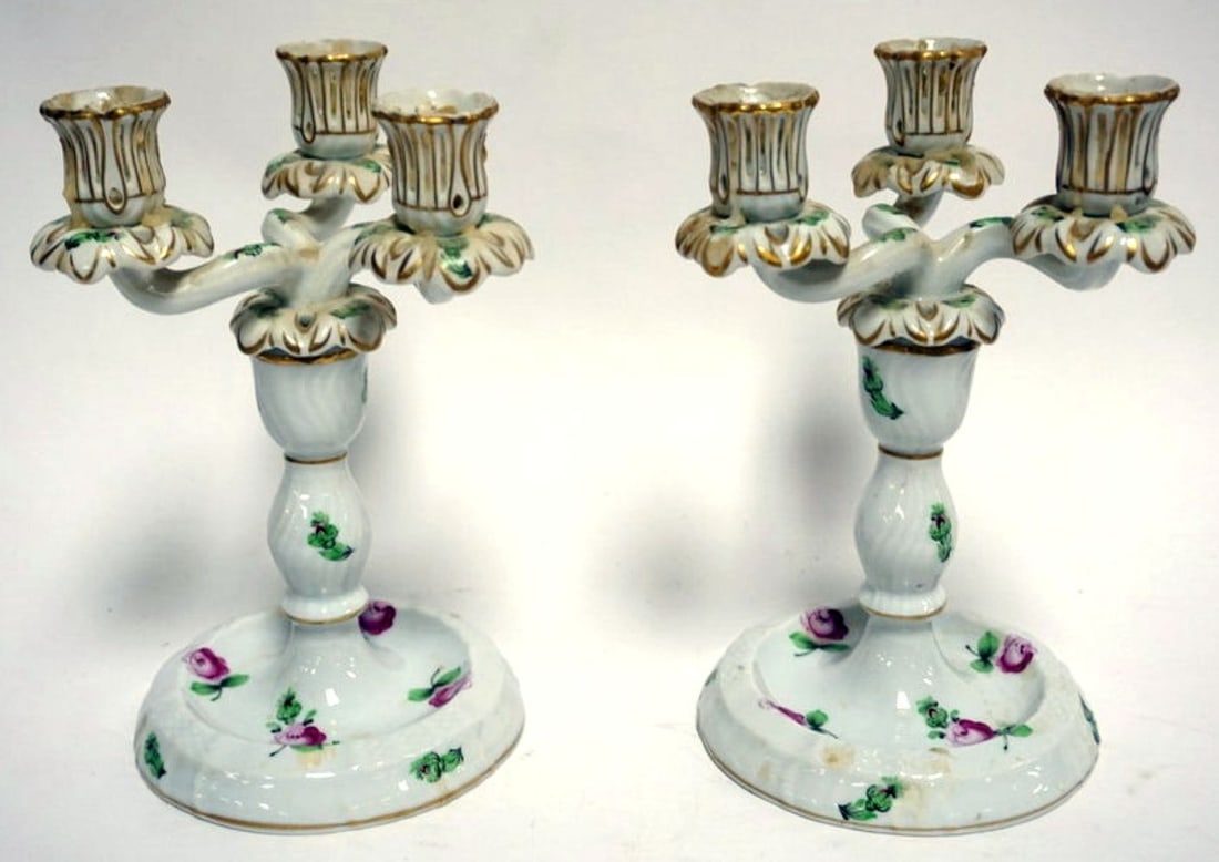 PAIR MEISSEN CANDELABRA: PAIR OF MEISSEN 2 PART CANDLEABRA, EACH APPROXIMATELY 9 IN H