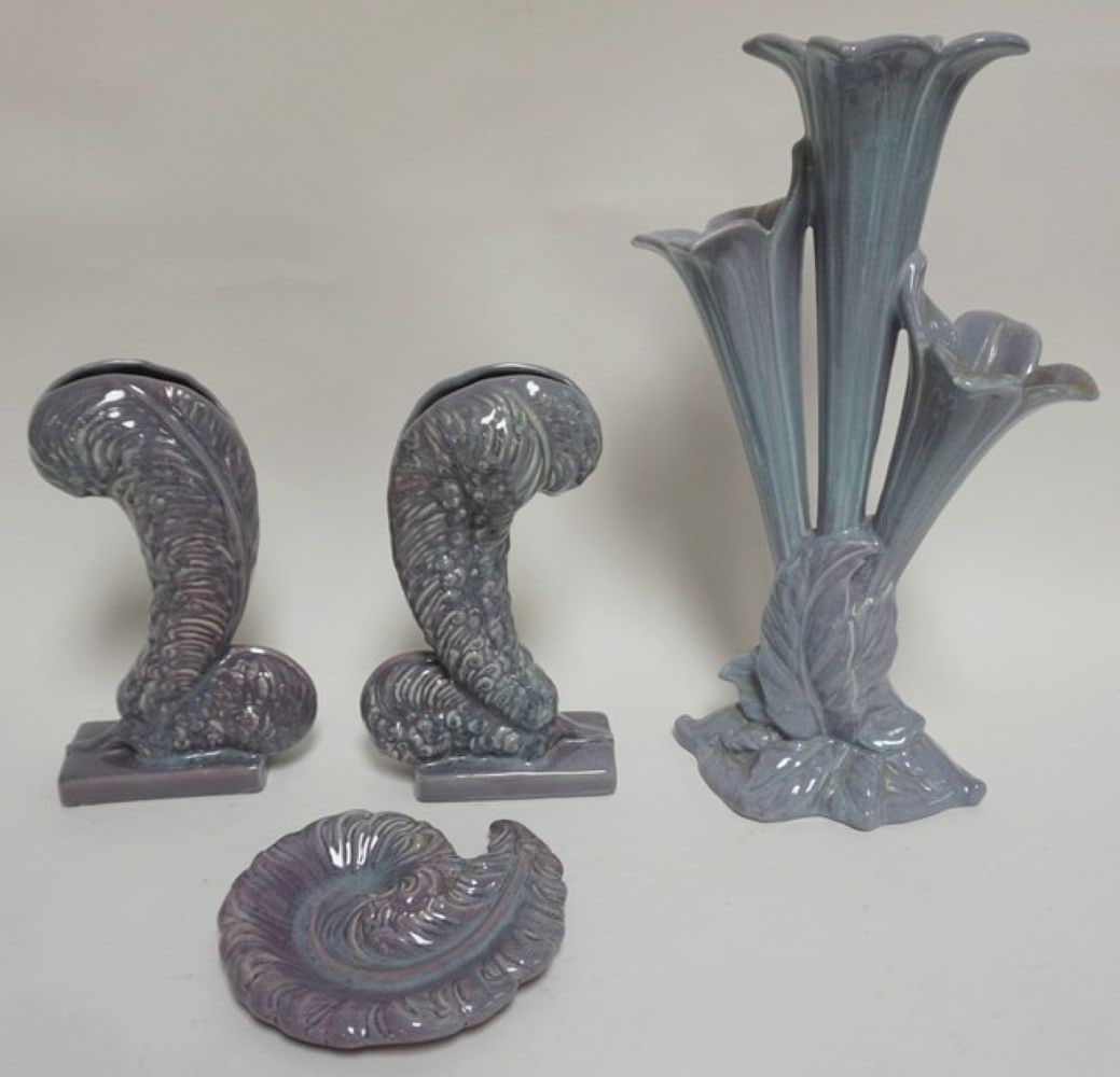 ROYAL HAGER VASES: ROYAL HAGER FEATHER PLUM VASE AND LILY VASE, TALLEST APPROXIMATELY 16 IN H