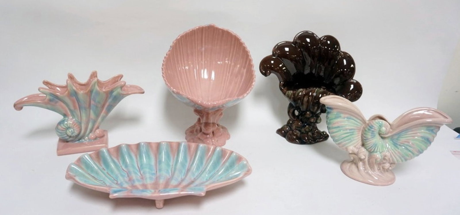 ROYAL HAGER: ROYAL HAGER SHELL SHAPED DISH, COMPOTE AND VASES, TALLEST APPROXIMATELY 44 IN H