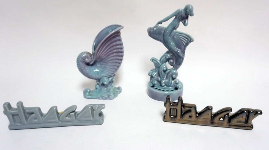 ROYAL HAGER: ROYAL HAGER NUDE WOMAN, FISH FLOWER FROG AND SHELL VASE, 2 HAGER PORCELAIN NAME PLATES, TALLEST APPROXIMATELY 10 1/2 IN H