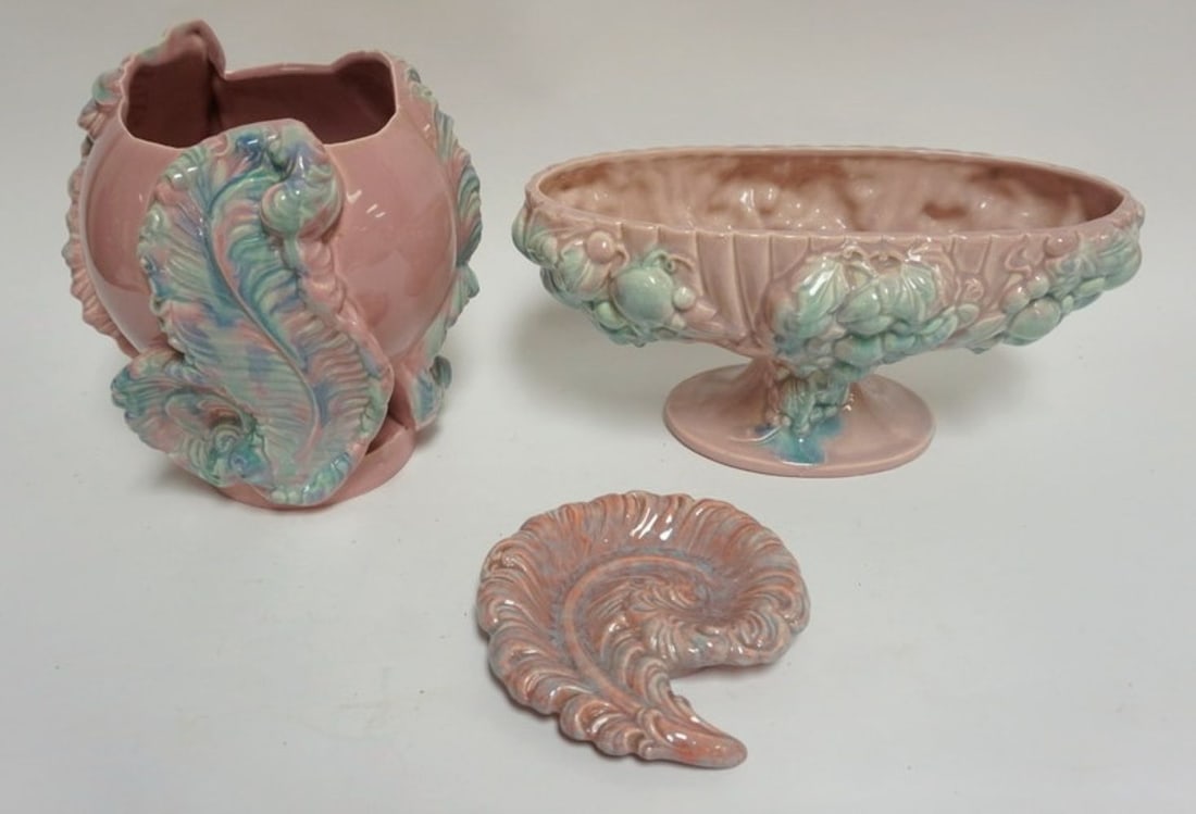 ROYAL HAGER: ROYAL HAGER HICKMAN PLANTER, CONSOLE BOWL AND FEATHER SWIRL DISH, TALLEST APPROXIMATELY 10 IN H