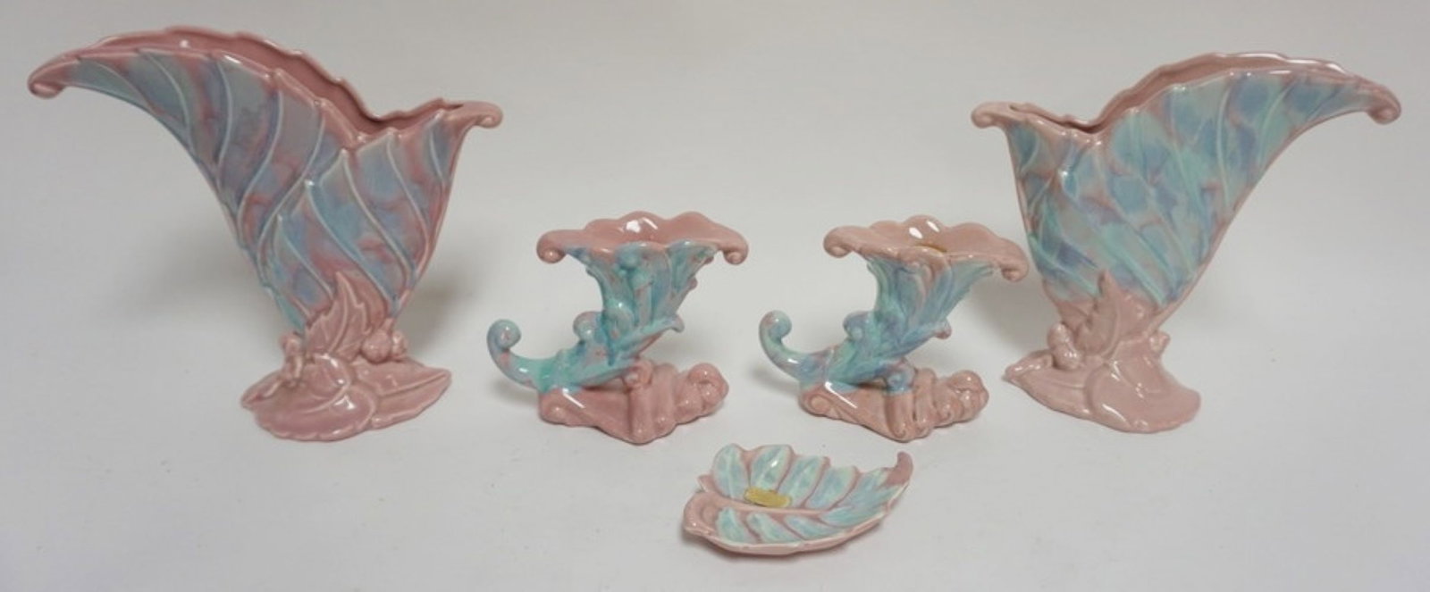 ROYAL HAGER: ROYAL HAGER DOUBLE LEAF VAN VASES, CANDLESTICKS AND LEAF DISH, TALLEST APPROXIMATELY 9 IN H