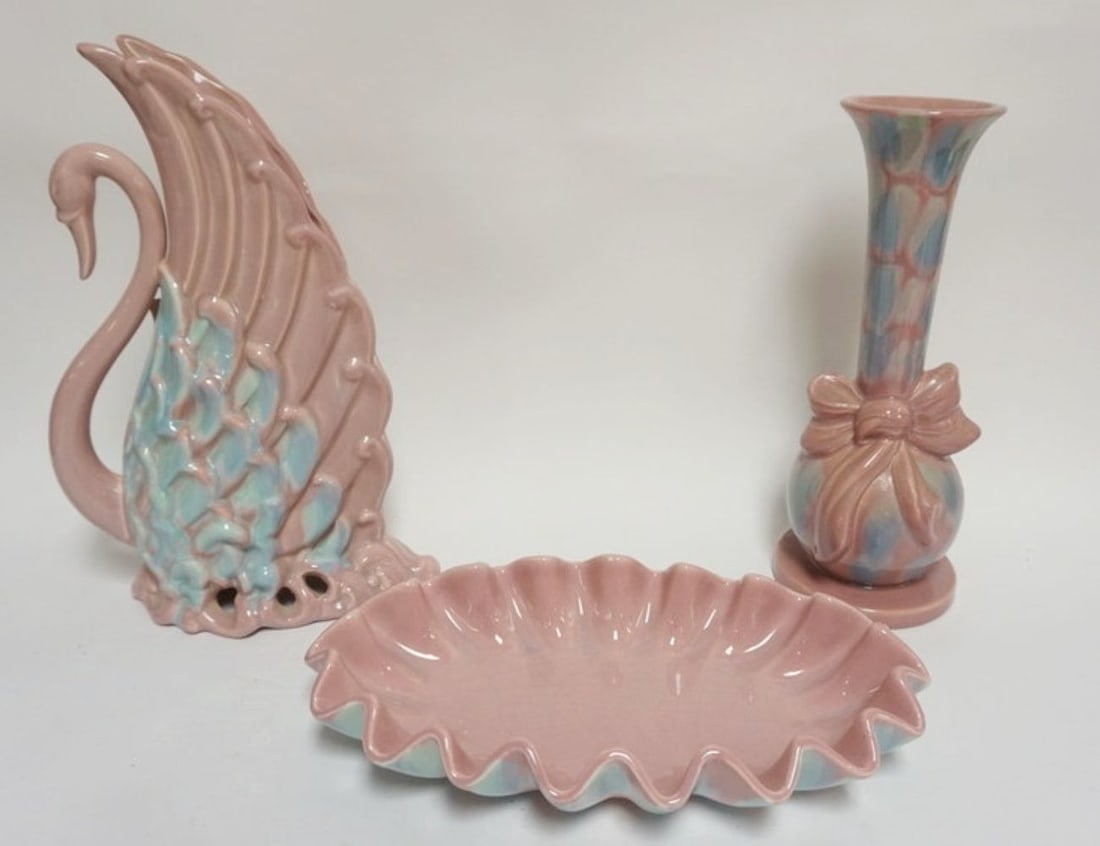 ROYAL HAGER: ROYAL HAGER LARGE SWAN VASE, CONSOLE BOWL AND PEACOCK VASE, TALLEST APPROXIMATELY 15 1/4 IN H
