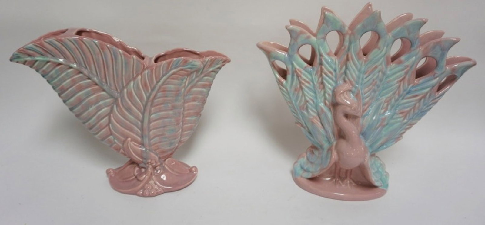 ROYAL HAGER: ROYAL HAGER LARGE PEACOCK VASE, DOUBLE LEAF VASE, TALLEST APPROXIMATELY 15 N H