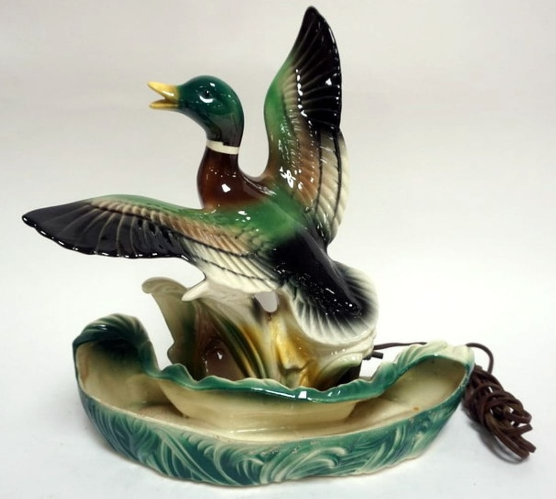 MALLARD DUCK POTTERY LAMP: MALLARD DUCK POTTERY PLANTER AND LAMP, APPROXIMATELY 15 IN X 7 IN X 15 IN, LANE CO. 1956