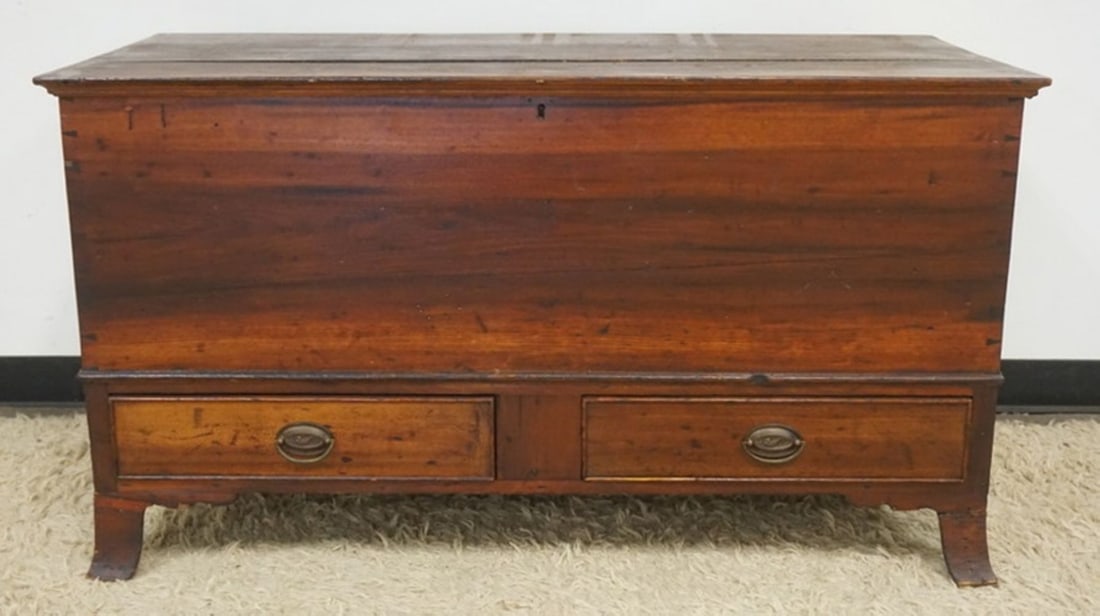ANTIQUE PINE BLANKET CHEST: ANTIQUE PINE BLANKET CHEST WITH 2 DRAWEERS AND STRAP WROUGHT IRON HINGES AND GLOVE BOX, APPROXIMATELY 50 IN X 22 IN X 28 IN H