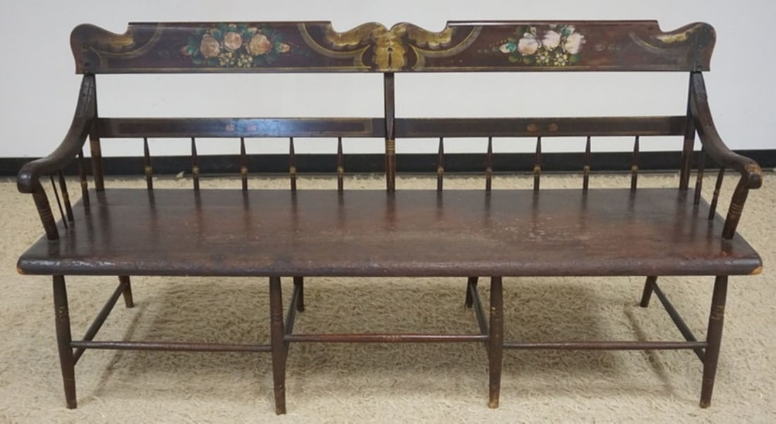 ANTIQUE PENNSYLVANIA DEACONS BENCH: ANTIQUE PENNSYLVANIA PAINT DECORATED AND STENCILED DEACONS BENCH, APPROXIMATELY 71 IN X 21 IN X 36 IN H