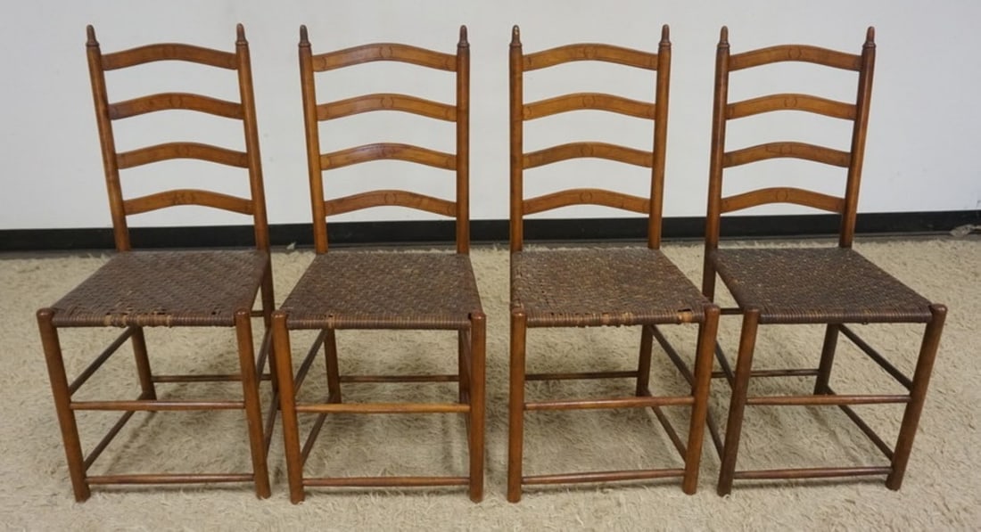 SET OF ANTIQUE LADDER BACK CHAIRS: SET OF 4 ANTIQUE LADDER BACK CHAIRS WITH WOVEN SEATS, EACH APPROXIMATELY 17 IN X 15 IN X 39 IN H