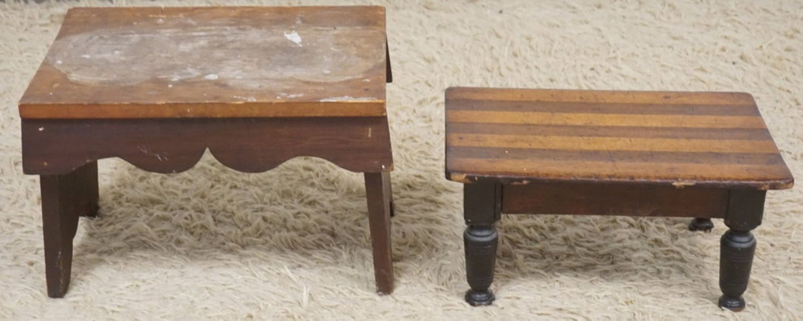 PRIMITIVE STOOLS: PRIMITIVE STOOLS, LARGEST APPROXIMATELY 16 IN X 11 IN X 11 IN