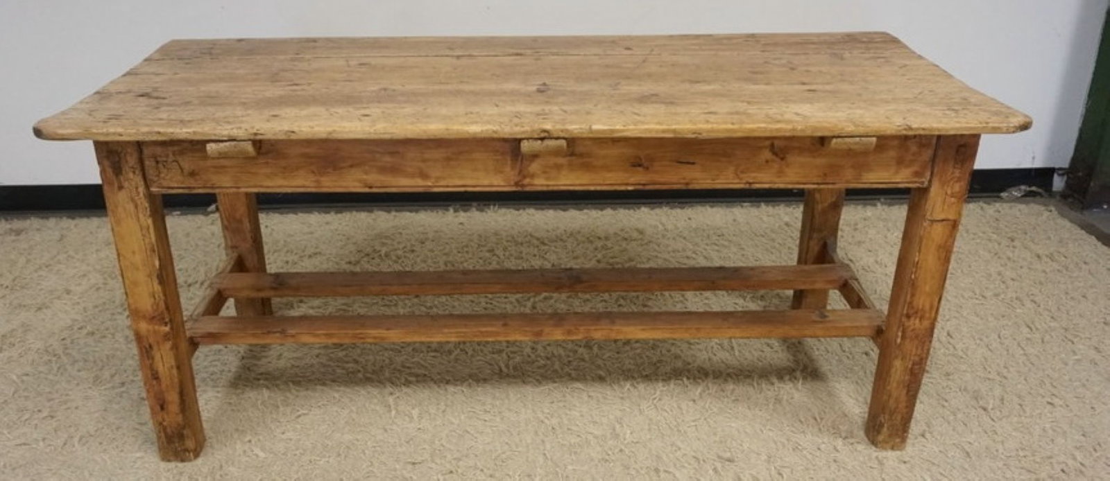 SCRUB PINE TABLE: SCRUB PINE TABLE WITH MORITCED CONSTRUCTION BASE, APPROXIMATELY 67 IN X 30 IN 28 IN H