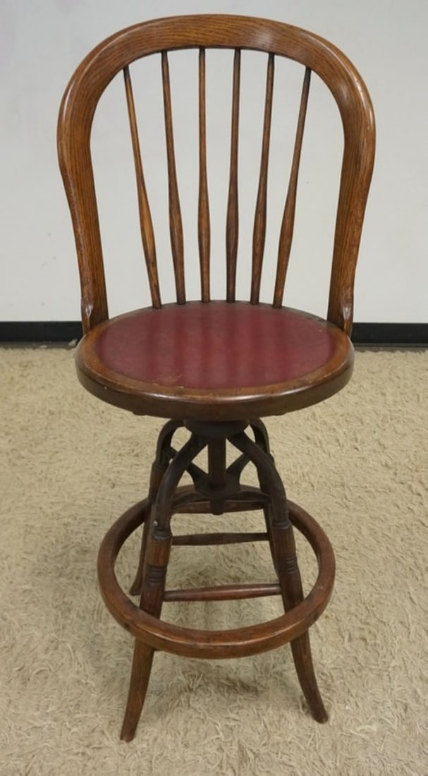 BENT BROS 1867 OAK STOOL: BENT BROS 1867 OAK HOOP BACK SWIVEL ADJUSTABLE STOOL WITH BENTWOOD RING ON BASE, APPROXIMATELY 17 IN X 44 IN H, SEAT HEIGHT 26 IN ADJUSTABLE
