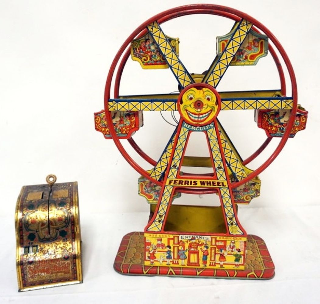 VINTAGE CHEIN FERRIS WHEEL AND TIN BANK: VINTAGE CHEIN FERRIS WHEEL AND TIN LUCKY SAVINGS BANK, LARGEST APPROXIMATELY 11 IN X 6 IN X 17 IN, *ALL TOYS HAVE WEAR TO BOXES AND NOT GUARANTEED COMPLETE