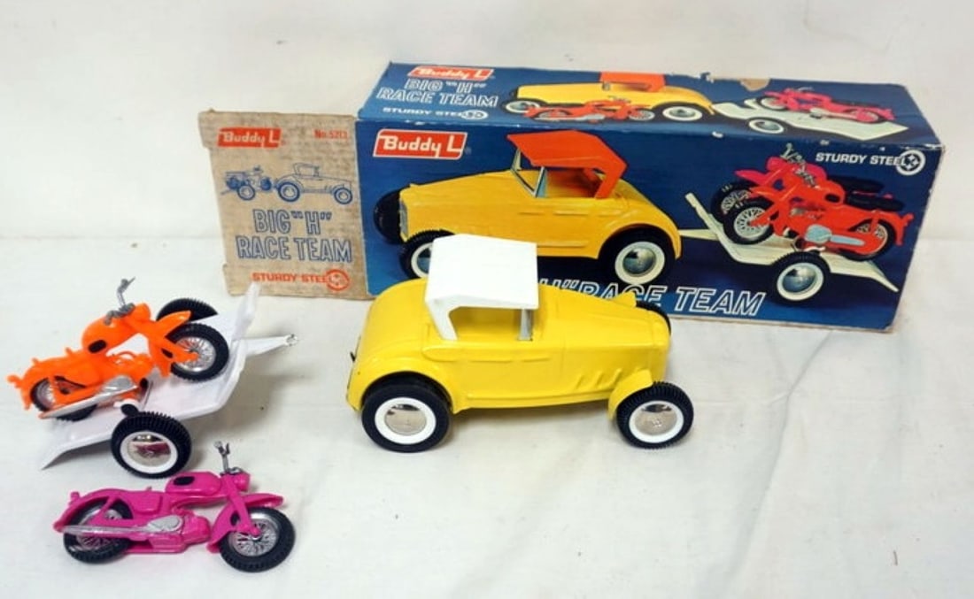 BUDDY L BIG H RACE TEAM: BUDDY L *BIG H RACE TEAM*, PRESSED STEEL AND PLASTIC, *ALL TOYS HAVE WEAR TO BOXES AND NOT GUARANTEED COMPLETE