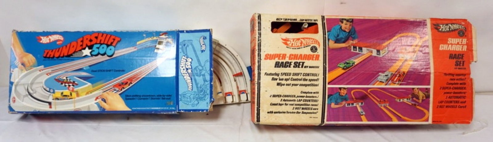 HOT WHEELS RACE SETS: HOT WHEELS SUPER CHARGER RACE SET NO CARS AND HOT WHEELS THUNDER JET 500, *ALL TOYS HAVE WEAR TO BOXES AND NOT GUARANTEED COMPLETE