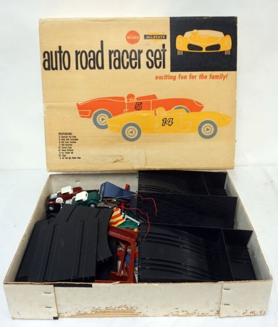 SEARS ALLSTATE RACER SET: SEARS ALLSTATE AUTO ROAD RACER SET, *ALL TOYS HAVE WEAR TO BOXES AND NOT GUARANTEED COMPLETE