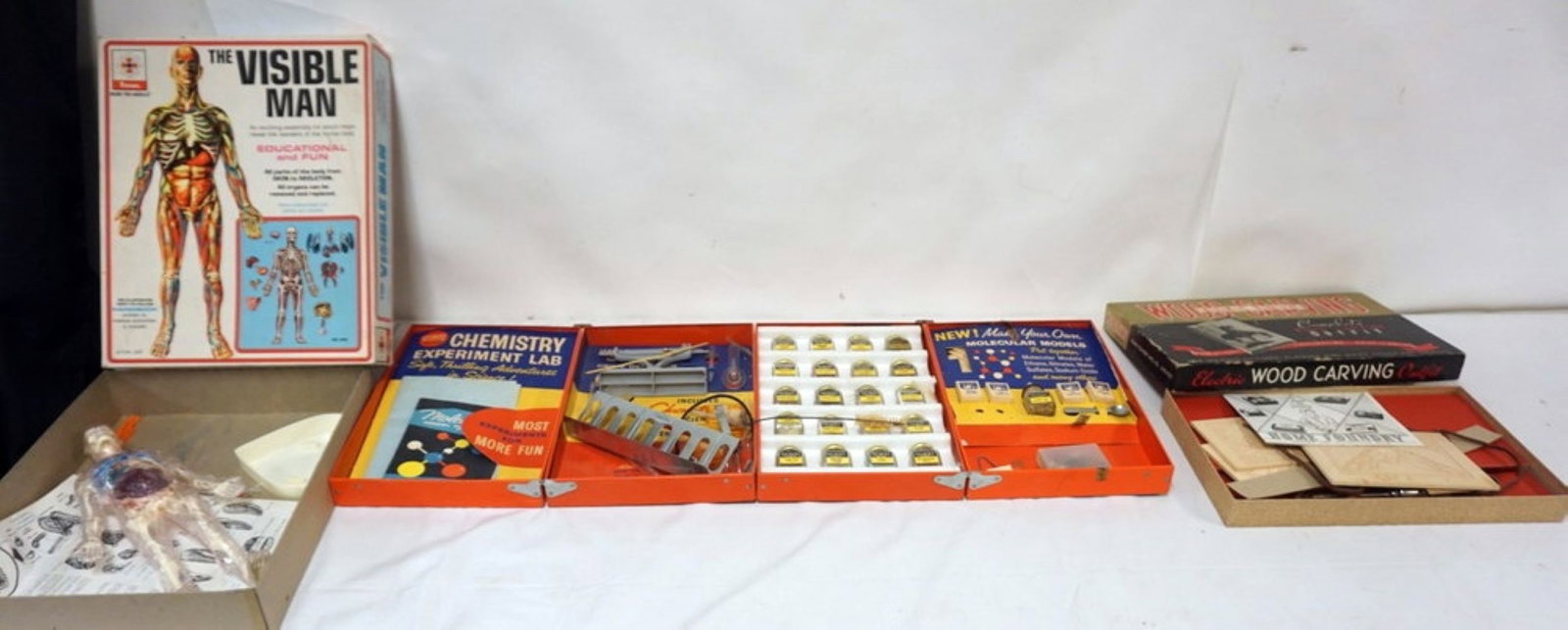 GILBERT CHEMISTRY SET, INVISIBLE MAN AND WOOD KIT: VINTAGE GILBET CHEMISTRY SET, INVISIBLE MAN MODEL AND WOOD BURNING KIT, *ALL TOYS HAVE WEAR TO BOXES AND NOT GUARANTEED COMPLETE