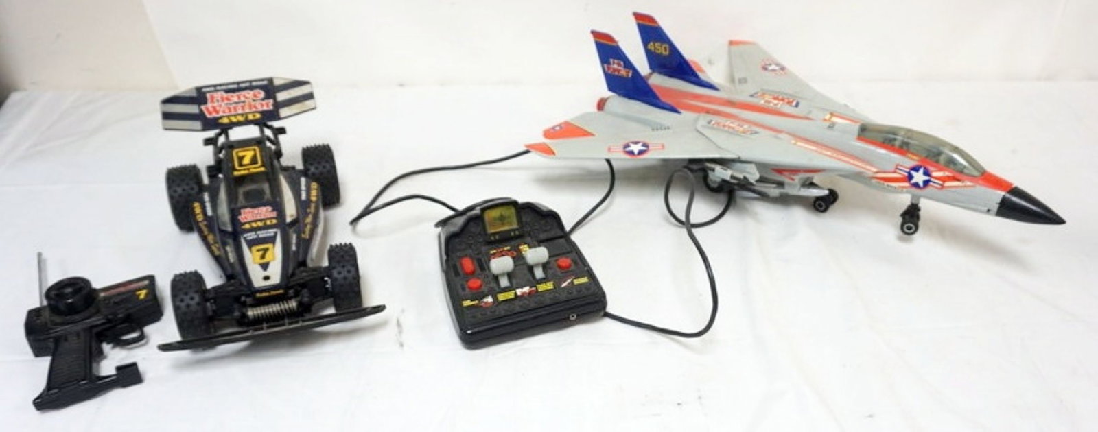 TOMCAT PLANE AND R C CAR: VINTAGE NEW BRIGHT VINTAGE TOY NAVY F-14 TOMCAT PLANE AND RC CAR, *ALL TOYS HAVE WEAR TO BOXES AND NOT GUARANTEED COMPLETE