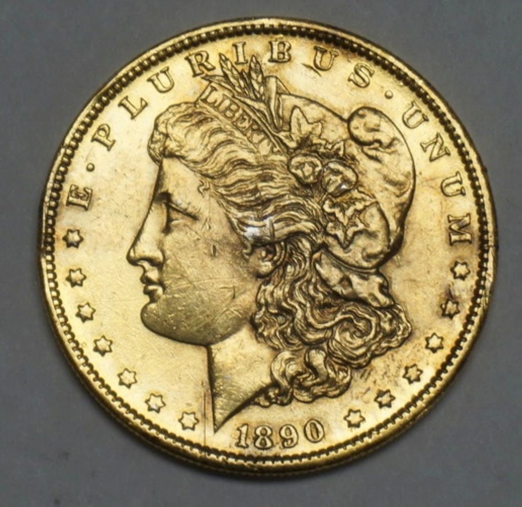 1890 MORGAN SILVER DOLLAR S MINT MARK: 1890 MORGAN SILVER DOLLAR S MINT MARK, COIN HAS GOLD FINISH