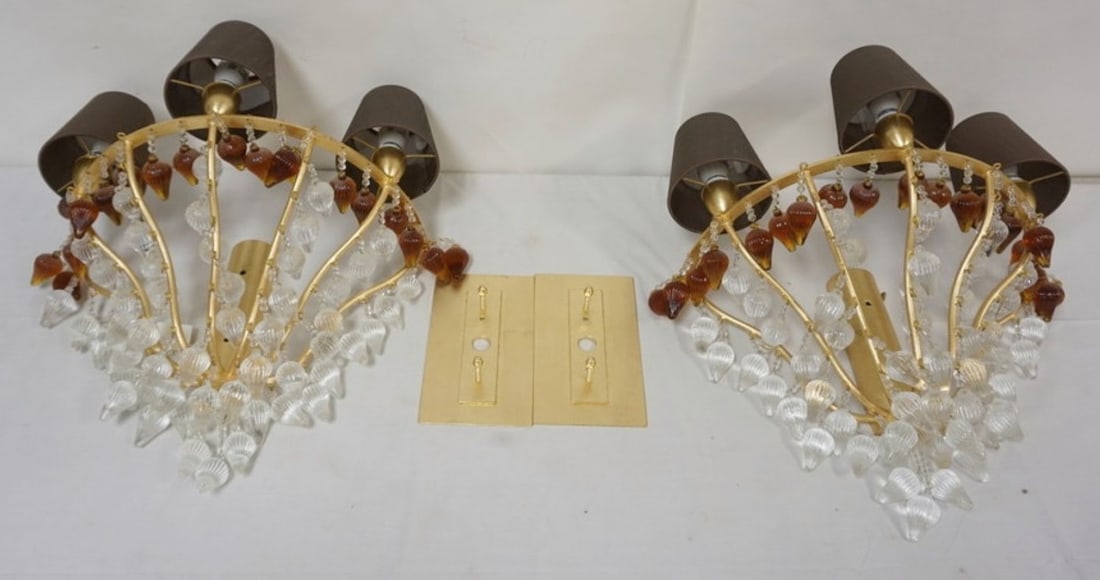 PATRIZIA GARGANTI HANGING WALL SCONCE LIGHTS: 21ST CENTURY OPHELIA GOLD & CRYSTAL COLLECTION BY PARTIZIA GARGANTI, 2 WALL SCONCE HANING LIGHTS, APPROXIMATELY 17 IN X 9 X 20 IN H EACH