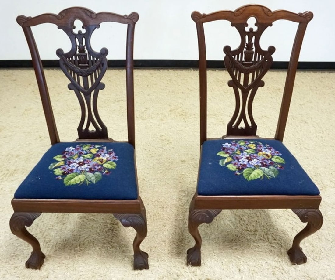 CHIPEENDALE STYLE CHAIRS: PAIR OF CHIPPENDALE STYE CHAIRS WITH NEEDLEPOINT SEATS, EACH APPROXIMATELY 23 IN X 19 IN X 43 IN H, SEATS 19 IN H