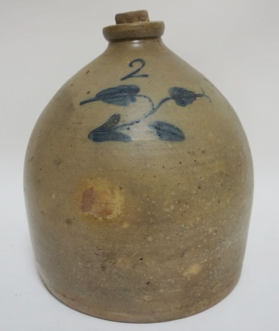 BLUE DECORATED STONEWARE: BLUE DECORATED STONEWARE 2 GA JUG, APPROXIMATELY 12 IN H