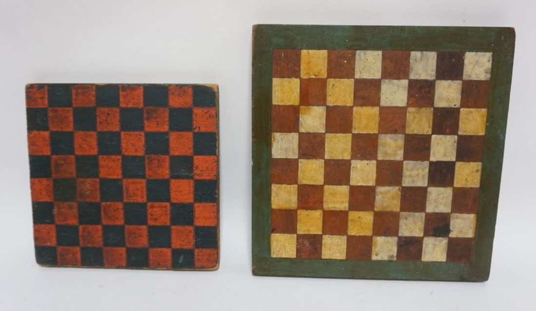 PRIMITIVE FOLK ART CHECKER BOARDS: PRIMITIVE FOLK ART HAND PAINTED CHECKER BOARDS, 1 WITH INCISED BACK, LARGEST APPROXIMATELY 12 IN SQ