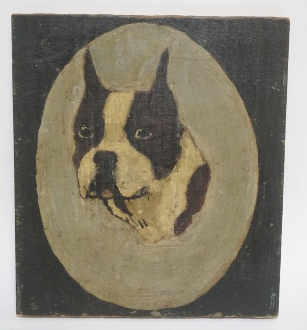 PAINTING ON BOARD: BOSTON TERRIER PAINTING ON BOARD, APPROIMATELY 9 IN X 10 IN
