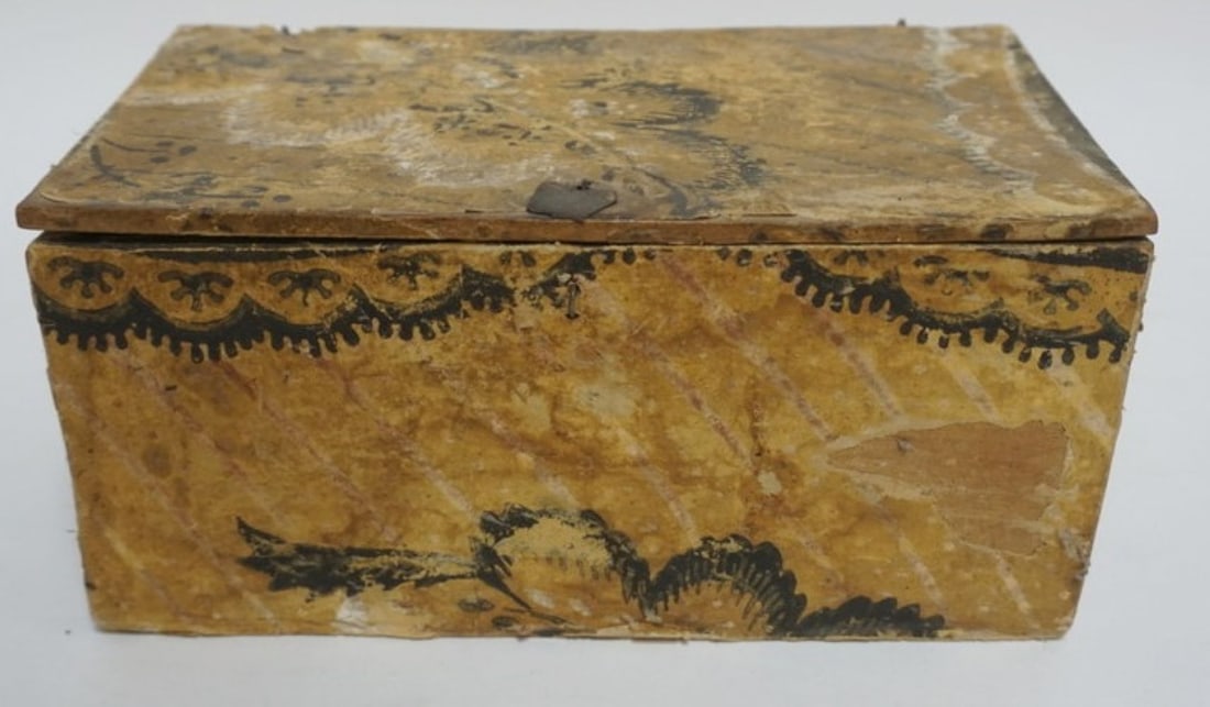 ANTIQUE WALL PAPER BOX: ANTIQUE MINIATURE WALL PAPER BOX WITH COTTER PIN HINGED LID, APPROXIMATELY 9 IN X 6 IN X 5 IN H