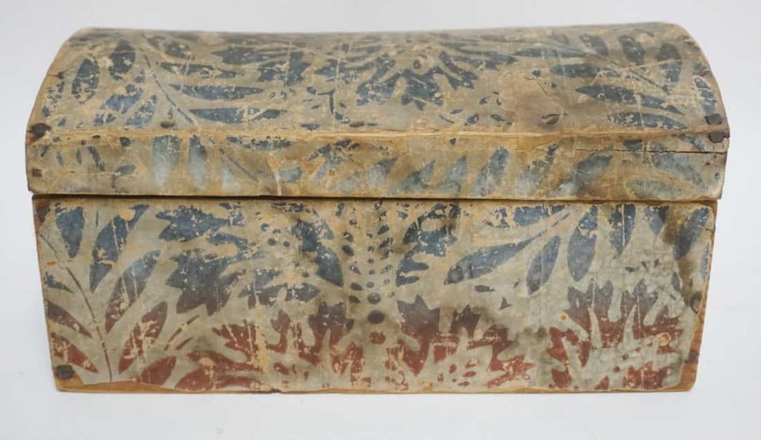 ANTIQUE WALL PAPER BOX: ANTIQUE WALL PAPER MINIATURE DOME TOP BOX WITH LEATHER HINGES, APPROXIMATELY 10 IN X 6 IN X 5 1/2 IN H