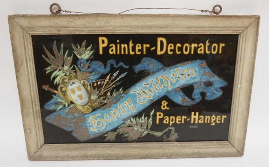 REVERSE PAINTED GLASS SIGN: REVERSE PAINTED ON GLASS PAPER HANGER'S SIGN IN WOOD FRAME, APPROXIMATELY 13 IN X 20 IN OVERALL, SOME PAINT LOSS