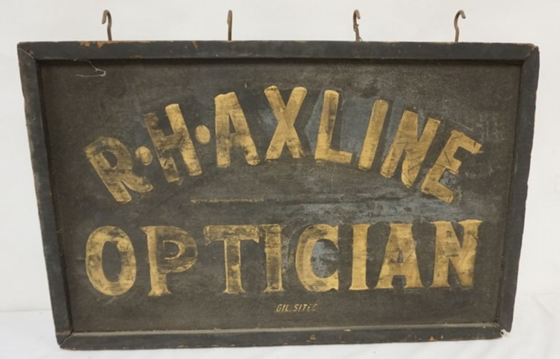 HAND PAINTED ON WOOD SIGN: HAND PAINTED ON WOOD OPTICIAN SIGN, DOUBE SIDED, APPROXIMATELY 28 IN X 18 IN