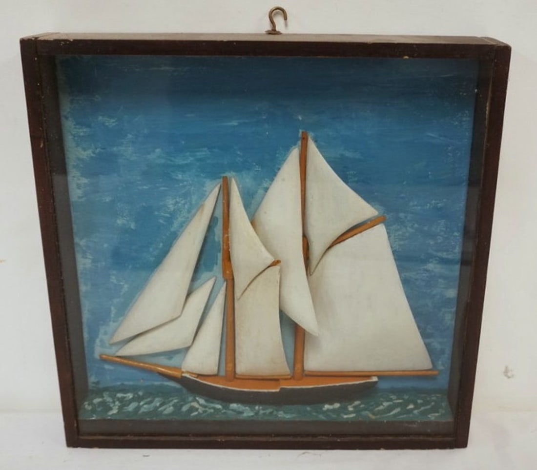 HALF HULL SAILING SHIP: HALF HULL OF SAILING SHIP IN SHADOW BOX FRAME, APPROXIMATELY 11 IN X 11 IN X2 IN OVERALL