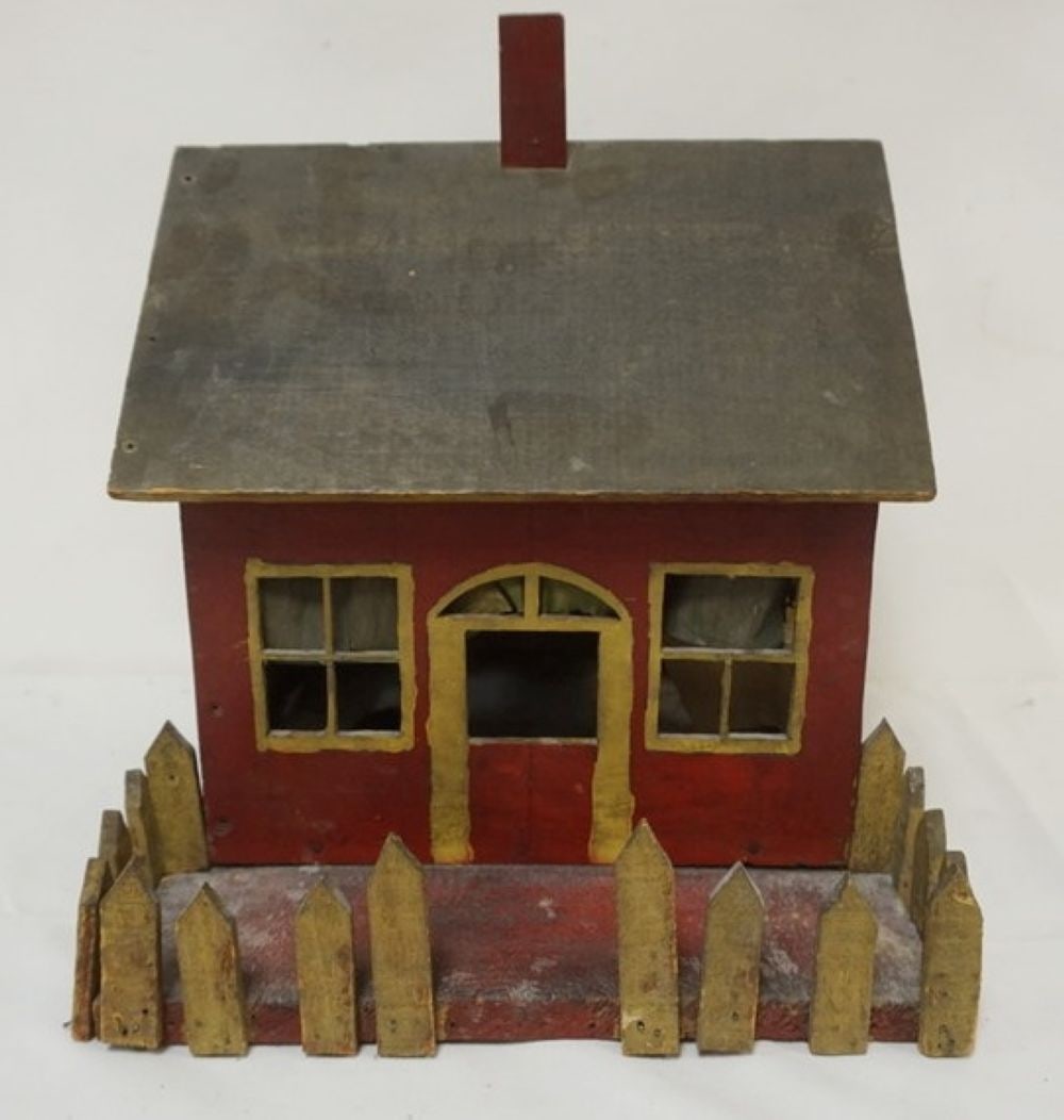 FOLK ART HAND PAINTED HOUSE: FOLK ART HAND PAINTED HOUSE WITH PICKET FENCE, APPROXIMATELY 12 IN X 12 IN X 14 IN H