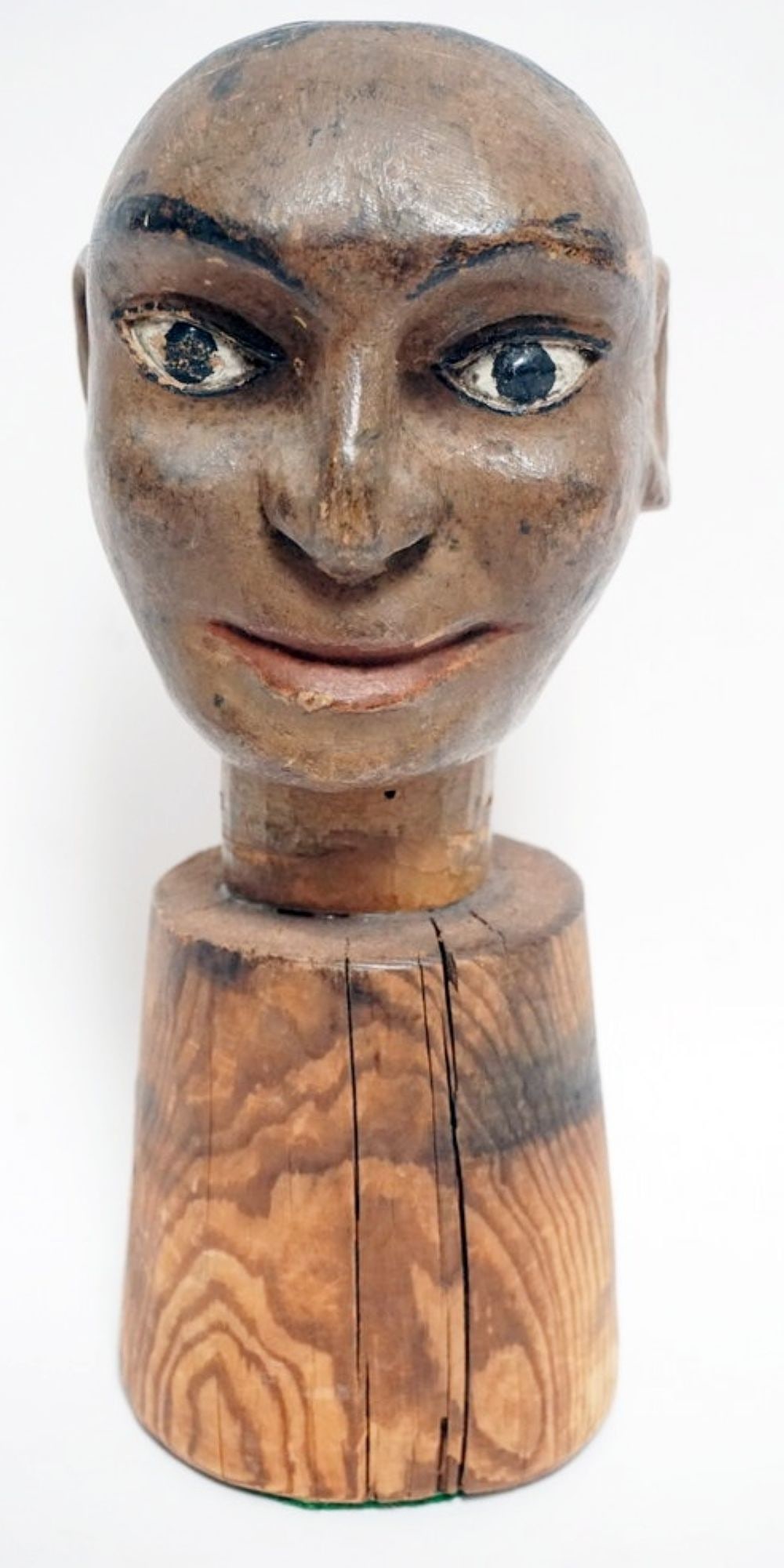FOLK ART CARVED WOOD HEAD: FOLK ART CARVED AND HAND PAINTED WOOD HEAD FIGURE, APPROXIMATELY 5 IN X 4 IN X 11 IN H