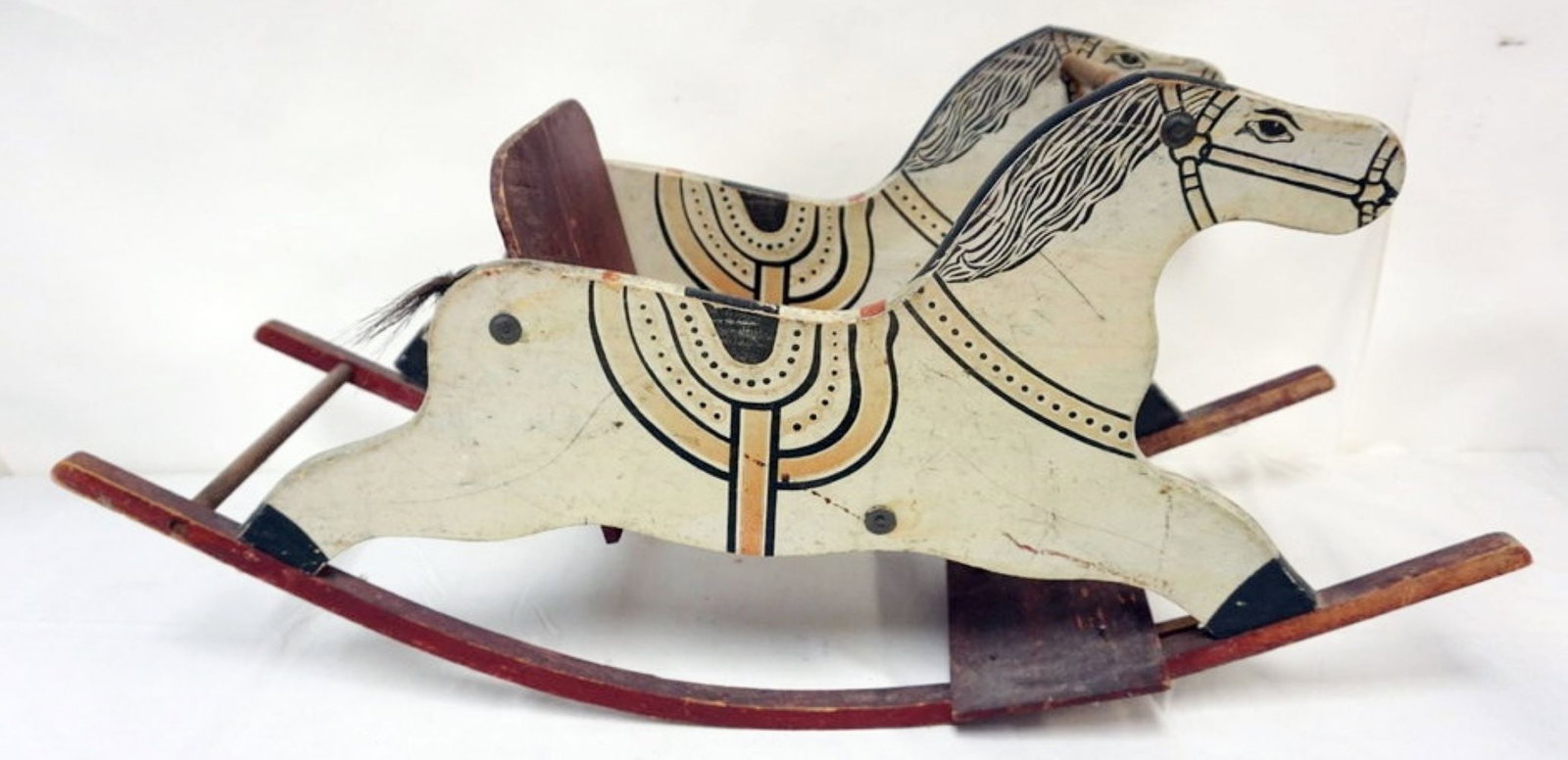 CHILDS WOOD ROCKING HORSE: PAINT DECORATED CHILDS WOOD ROCKING HORSE, APPROXIMATELY 36 IN X 12 IN X 17 IN H
