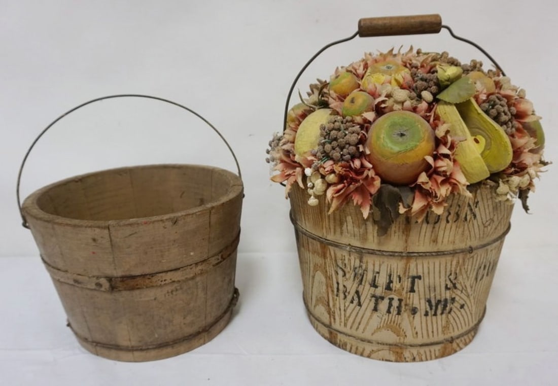 PRIMITIVE WOODEN PAILS: 2 PRIMITIVE WOODEN PAILS, MARKED BATH, ME WITH FRUIT AND FLOWERS, LARGEST APPROXIMATELY 12 IN X 15 IN